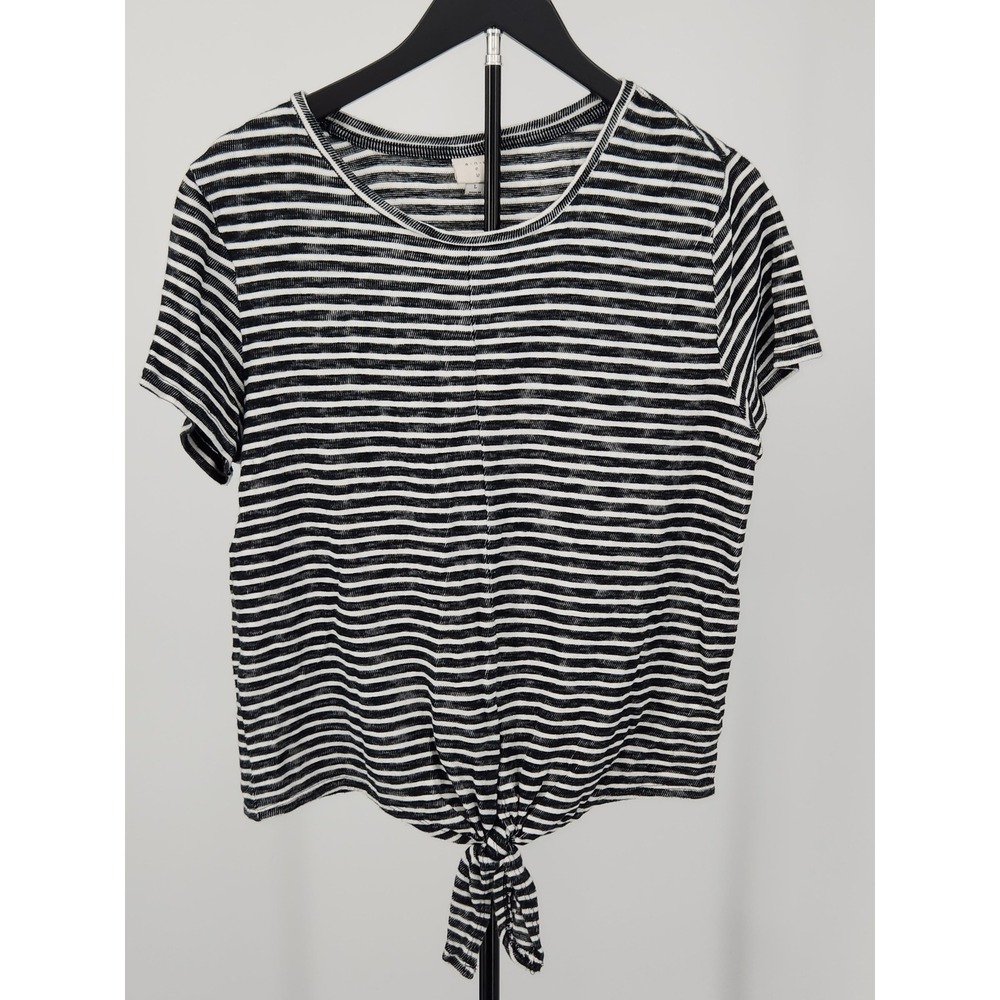 A New Day Womens Black White Striped Tie Front Short Sleeve T-Shirt Size L